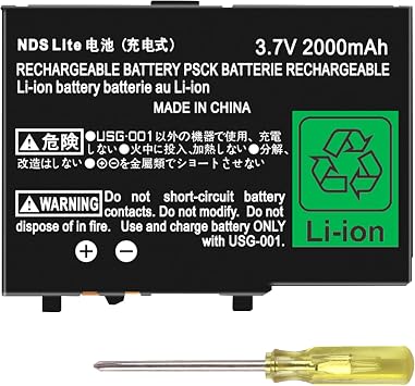 2000mAh NDS Lite Battery, 2025 New Upgraded 3.7V Ultra High Capacity Lithium-ion Battery Replacement for Nintendo DS Lite/NDSL Game Console with 1x Repair Tool Black, NDS Lite, A