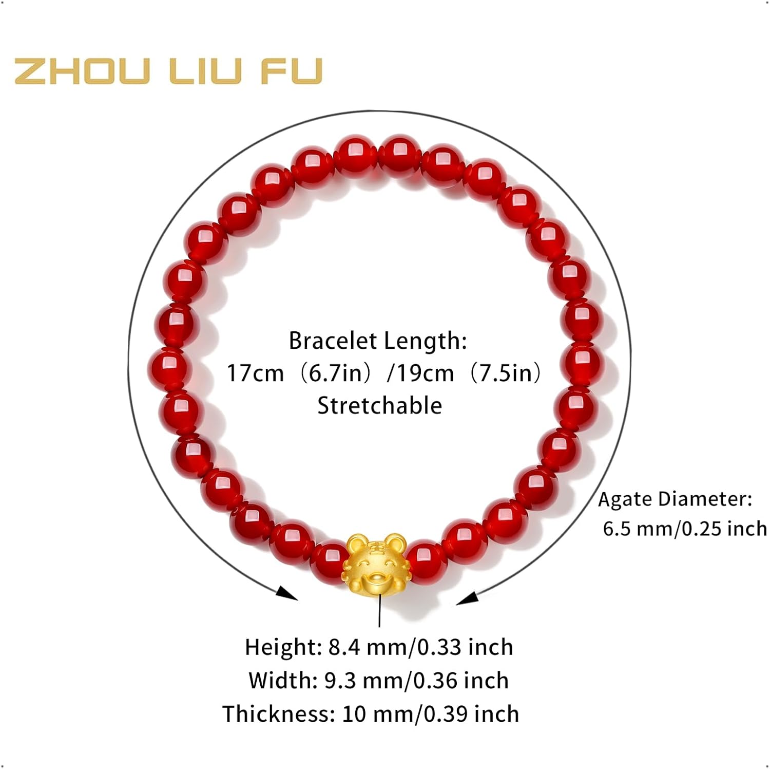 ZHOU LIU FU 24K Solid Gold Bracelets for Women, Stretchable Lucky Animals Real Gold Rabbit Bangle Charm Bracelets, Pure Gold Agate Beaded Zodiac Bunny Bracelet