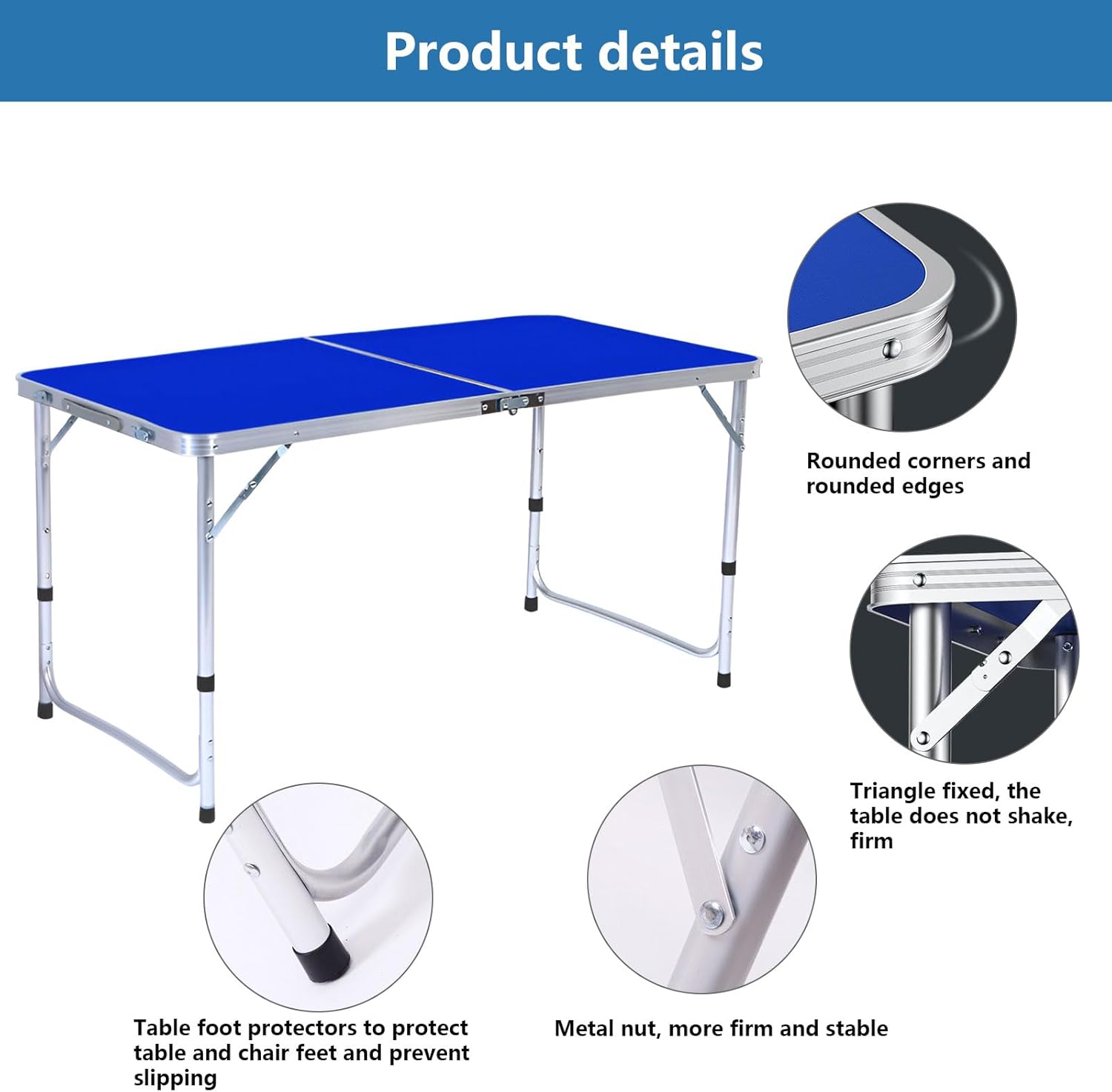 AIZYR Folding Tables 4 Ft Camping Table, Indoor Outdoor Foldable Table Adjustable Height Desk Portable Banquet Table for Parties Picnic Working,Blue