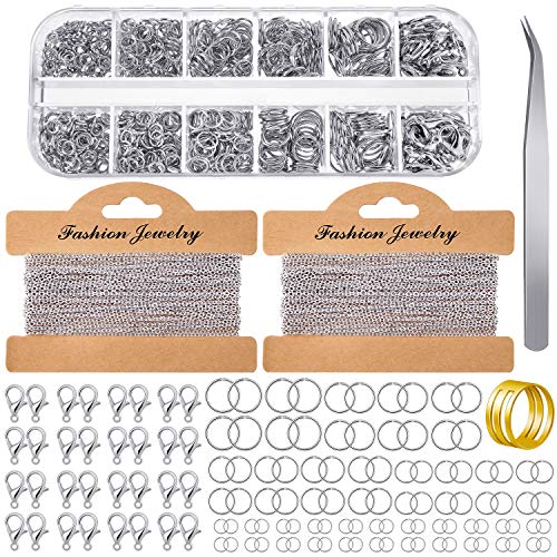 Jewelry Making Chains 49.2 Feet Stainless Steel Link Chains 1000 Pieces Jump Rings 40 Pieces Lobster Clasps with Curved Tweezers and Brass Jump Ring Opener for Women Men DIY Jewelry (Silver)