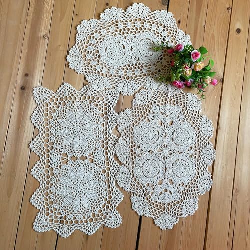 Colore: beige MINDPLUS Set di 3 centrini in cotone fatti a mano all\'uncinetto, ovali, rettangolari, per comò, sciarpe, tavolino da caffè, fattoria (beige)