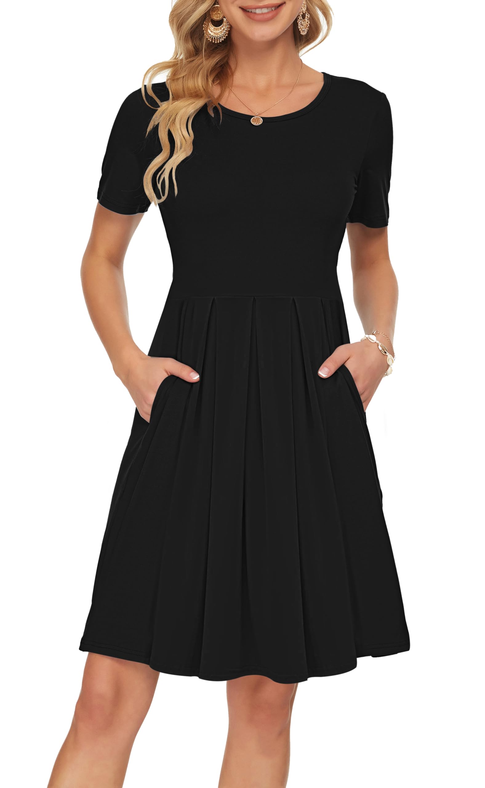 AUSELILY Women's Short Sleeve Pleated Loose Swing Casual Dress with Pockets Knee Length Black 2XL