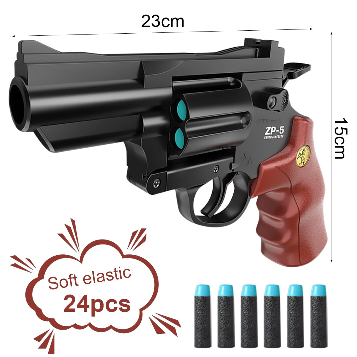 Zabawkowy pistolet rewolwer dla dzieci z 24 miękkimi kulkami magazynek obracany 360° brązowy