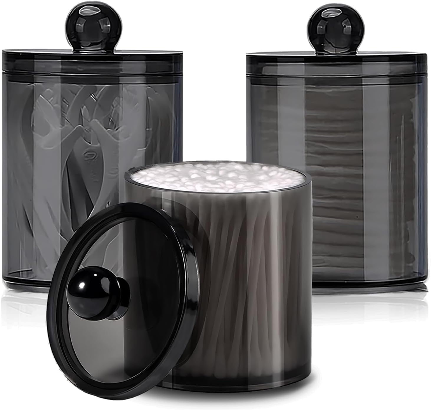 Lonimia 3Pack Qtip Holder Dispenser for Cotton Ball, Swab, Round Pads, Floss - 10 oz Clear Plastic Apothecary Jar Set for Bathroom Storage, Vanity Makeup Organizer