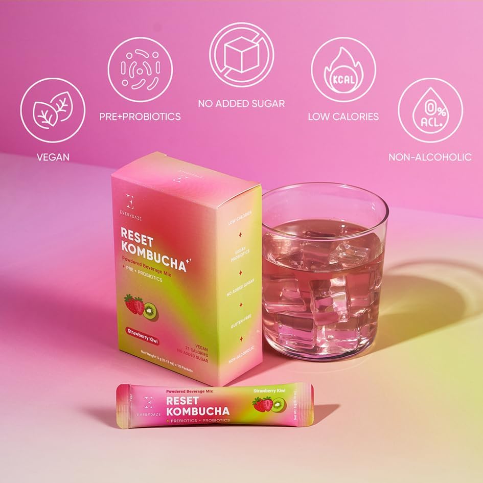 Everydaze BT21 Reset Kombucha Tea Powdered Beverage Mix | 10 Sticks | Prebiotics + Probiotics | Vegan | No Added Sugar, Gluten Free, Sparkling Powder Drink Pack (Peach): Strawberry Kiwi 0.18 Ounce (Pack of 10)