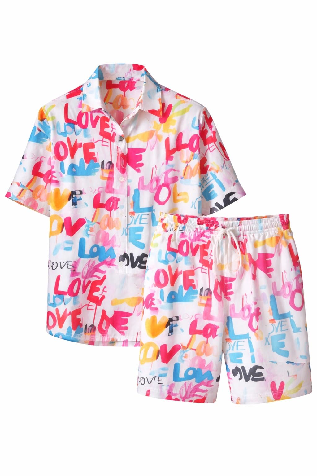 Men's Co-ord Set with Colorful Print, Short Sleeve Shirt and Shorts, White Base with Multicolor Graphics-image-46