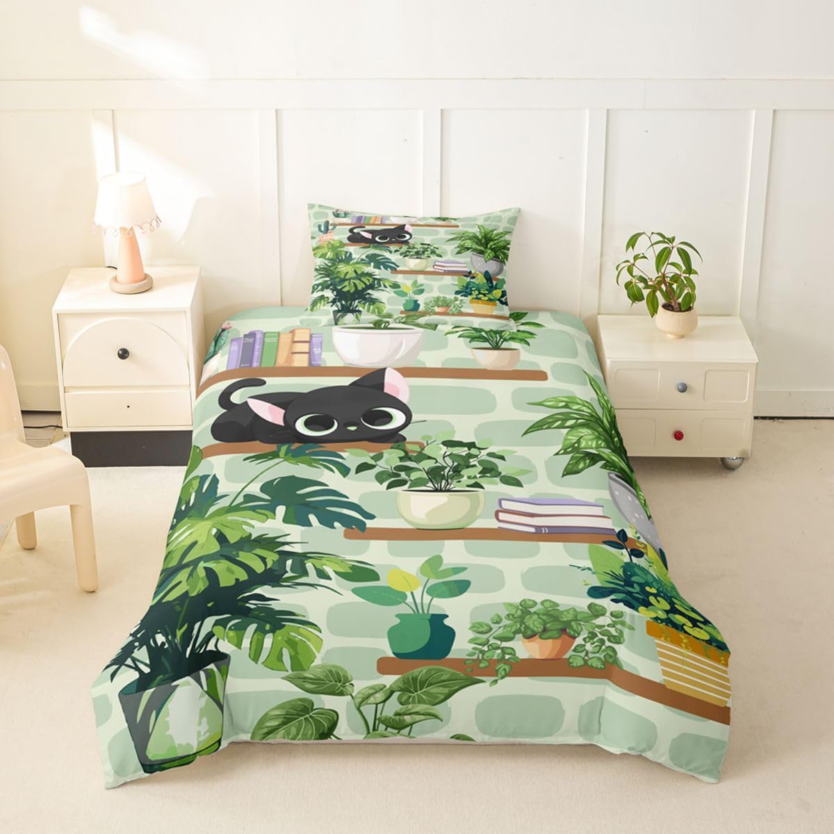 Erosebridal Cartoon Cat Bedding Set Twin Flower Leaves Duvet Cover for Kids Teens Pet Animal Paw Comforter Cover Green Garden Wildlife Bed Set
