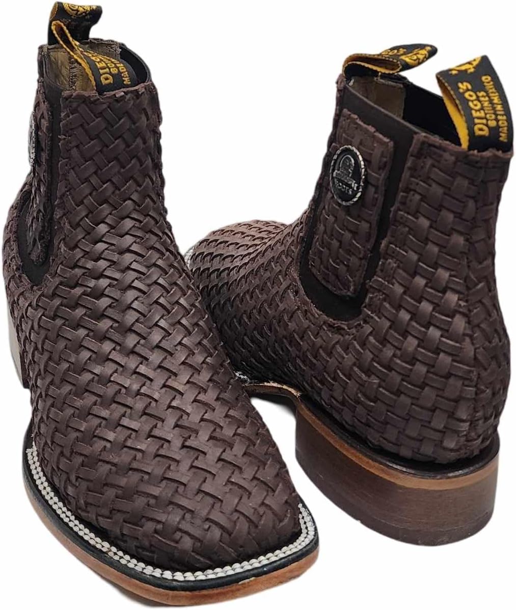 Mens Leather Cowboy Western Hand Woven Braided Square Toe half boots Chelsea Botin Vaquero Petatillo Tejidos