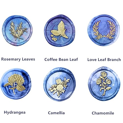 Miniatura 2 de Juego de sellos de cera para plantas con 6 cabezales de latón extraíbles y 1 mango de madera, sellos de cera retro para decoración de sobres de