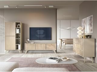 Lomadox Wohnmöbel Set Wohnwand beige, Front mit Fischgrätenmuster, 3-teilig, 1 Lowboard, 1 Regal, 1 Kommode