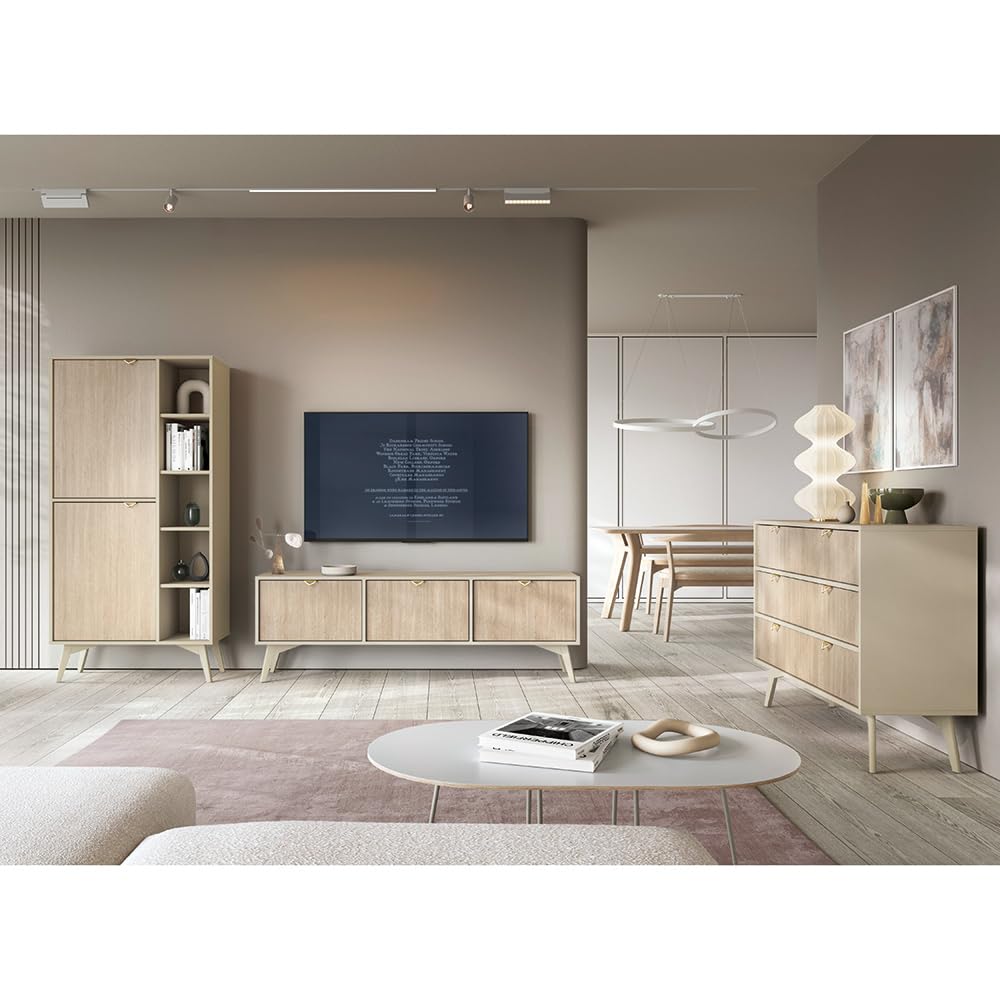 Lomadox Wohnmöbel Set Wohnwand beige, Front mit Fischgrätenmuster, 3-teilig, 1 Lowboard, 1 Regal, 1 Kommode