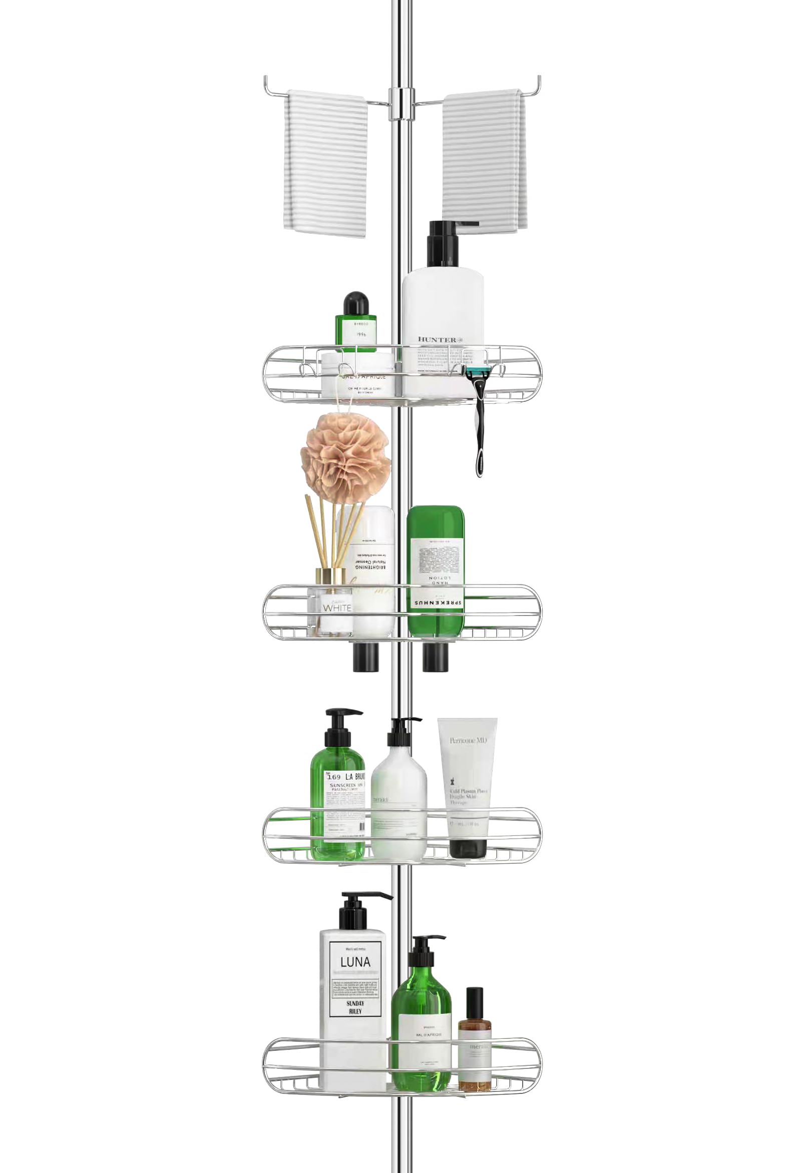 ALLZONE Corner Shower Caddy Tension Pole, 4-Tier Adjustable Shower Shelves, Rustproof Bathroom Shower Organizer Corner and Shower Racks for Inside Shower Storage, 61.3 to 113 Inches, Sliver