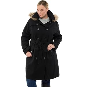 Alpine Swiss Womens Plus Size Wool Blend Long Trench Coat with Removable Fur Hood and Belt Sizes 2X