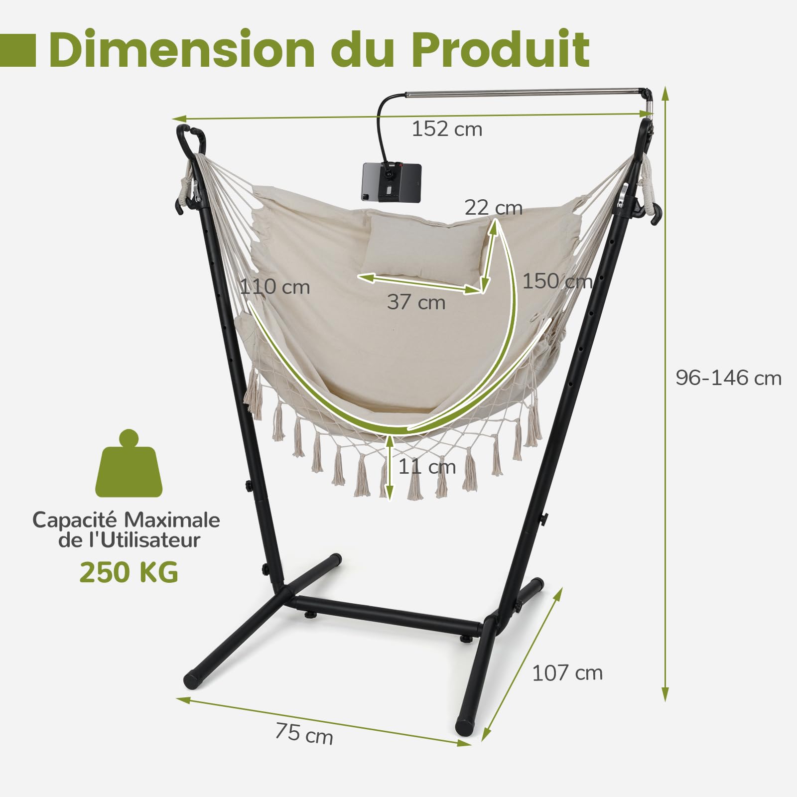 COSTWAY Hamac sur Pied avec Support en Métal, 6 Hauteurs 96-146 cm, Beige