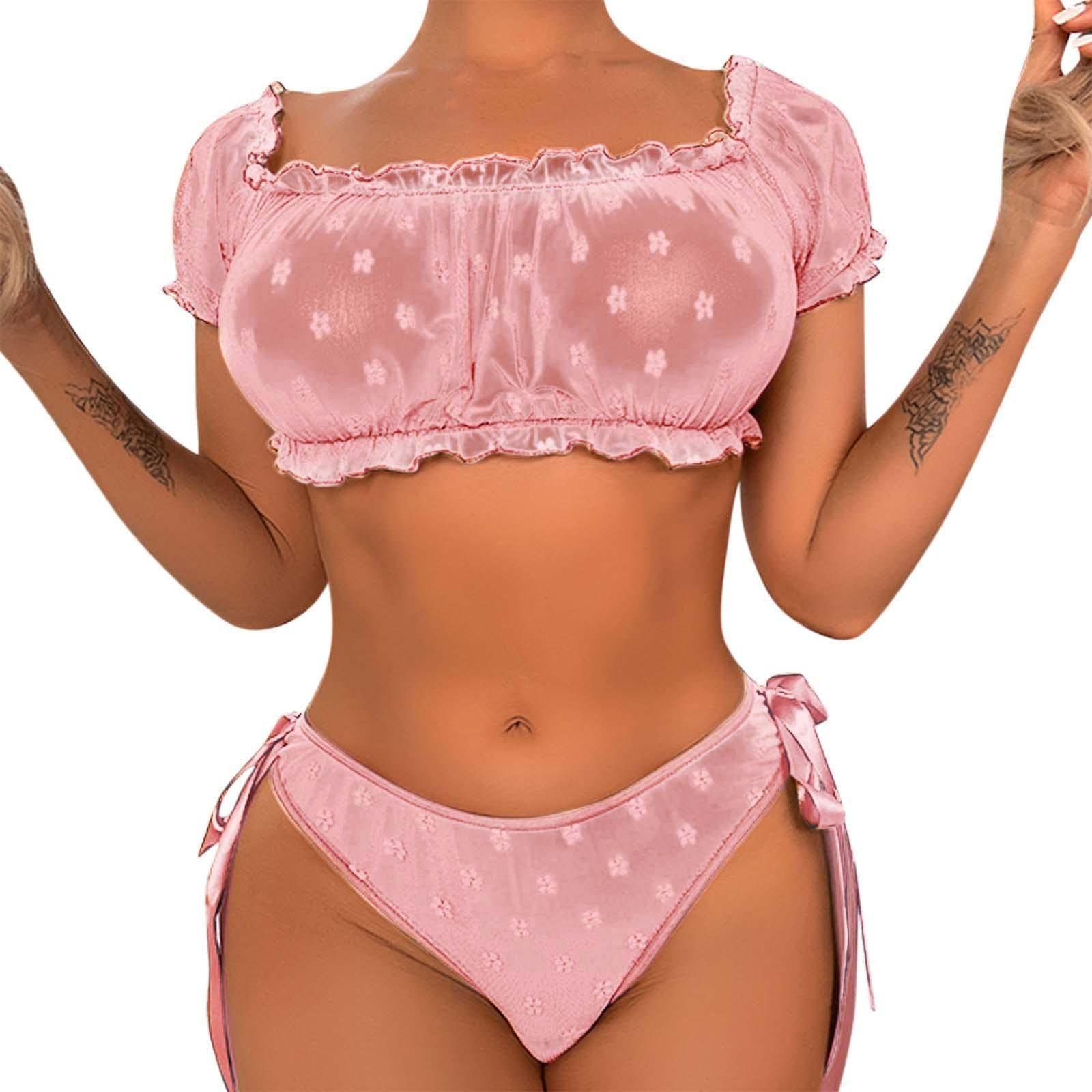 MILONT2 Piece Women Sexy Lace Ruffle Trim Lingerie Set Self Tie Sheer Mesh Bra and Panty Set Babydoll Shrug Side Tie See