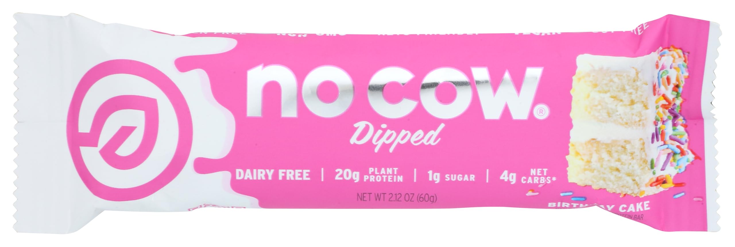 No Cow Protein Bars, Birthday Cake, 20g Plant Based Vegan Protein, Keto Friendly, Low Sugar, Low Carb, Low Calorie, Gluten Free, Naturally Sweetened, Dairy Free, Non GMO, Kosher, 1 Count