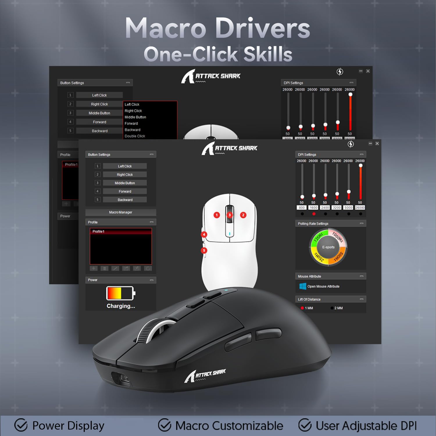 ATTACK SHARK Mouse SUPERLEGGERO X6 49g con Dock di Ricarica Magnetico, Sensore da Gioco PixArt PAW3395, Mouse da Gioco Wireless/Cablato BT/2.4G, 26000 DPI, Mouse da Ufficio Aggiornato X3 (Nero)