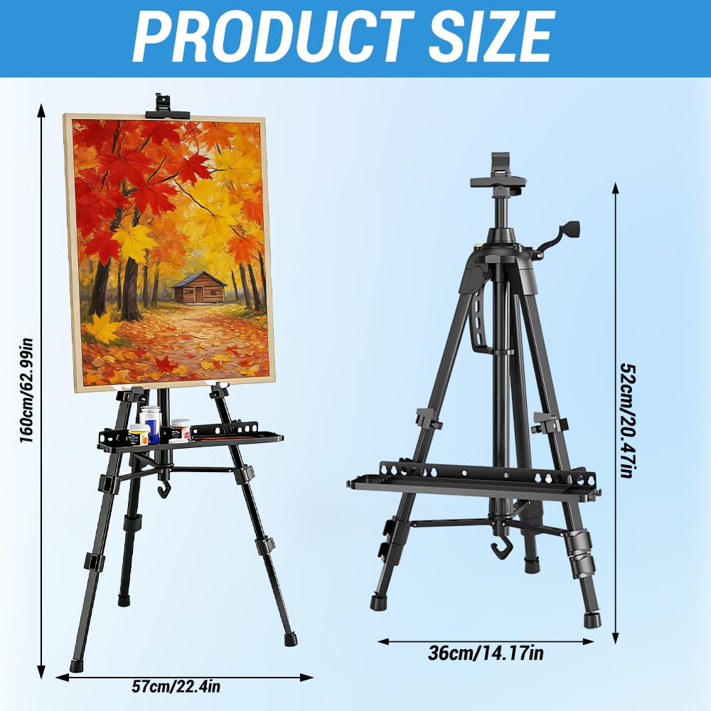 Cavalletto per pittura, cavalletto pieghevole per adulti e bambini, regolabile da 50 a 160 cm, cavalletto in alluminio con vassoio, ganci a secchio, gamba pieghevole e borsa per il trasporto