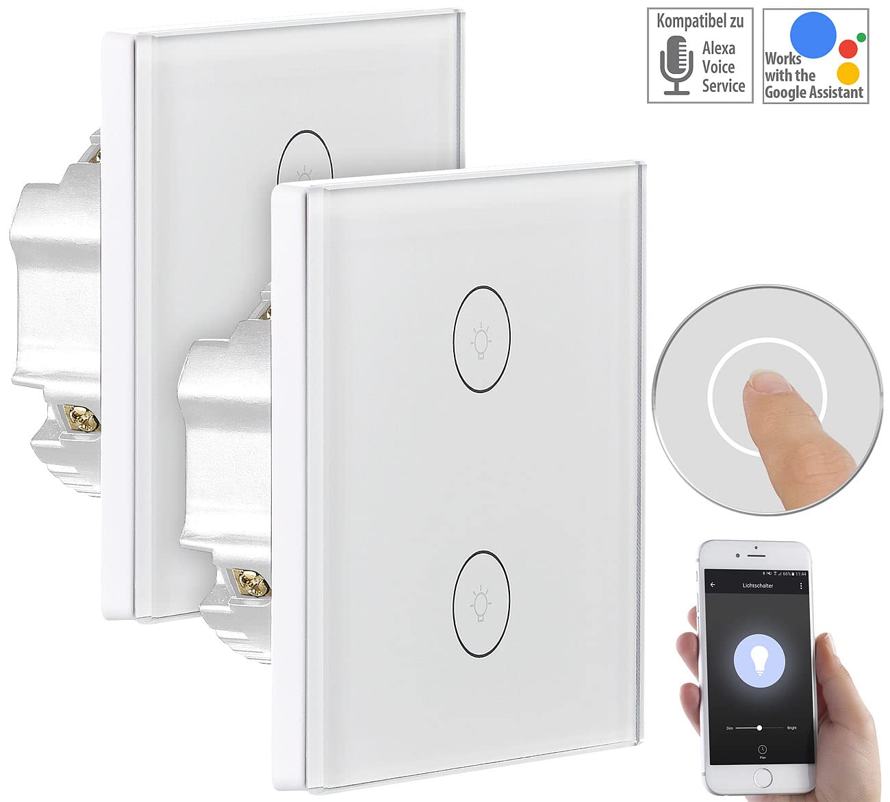 Luminea Home Control Taster: 2er-Set Touch-Doppel-Lichttaster, komp. zu Alexa & Google Assistant (Touch Lichtschalter, Smarthome Lichtschalter Alexa, Fernbedienungen)