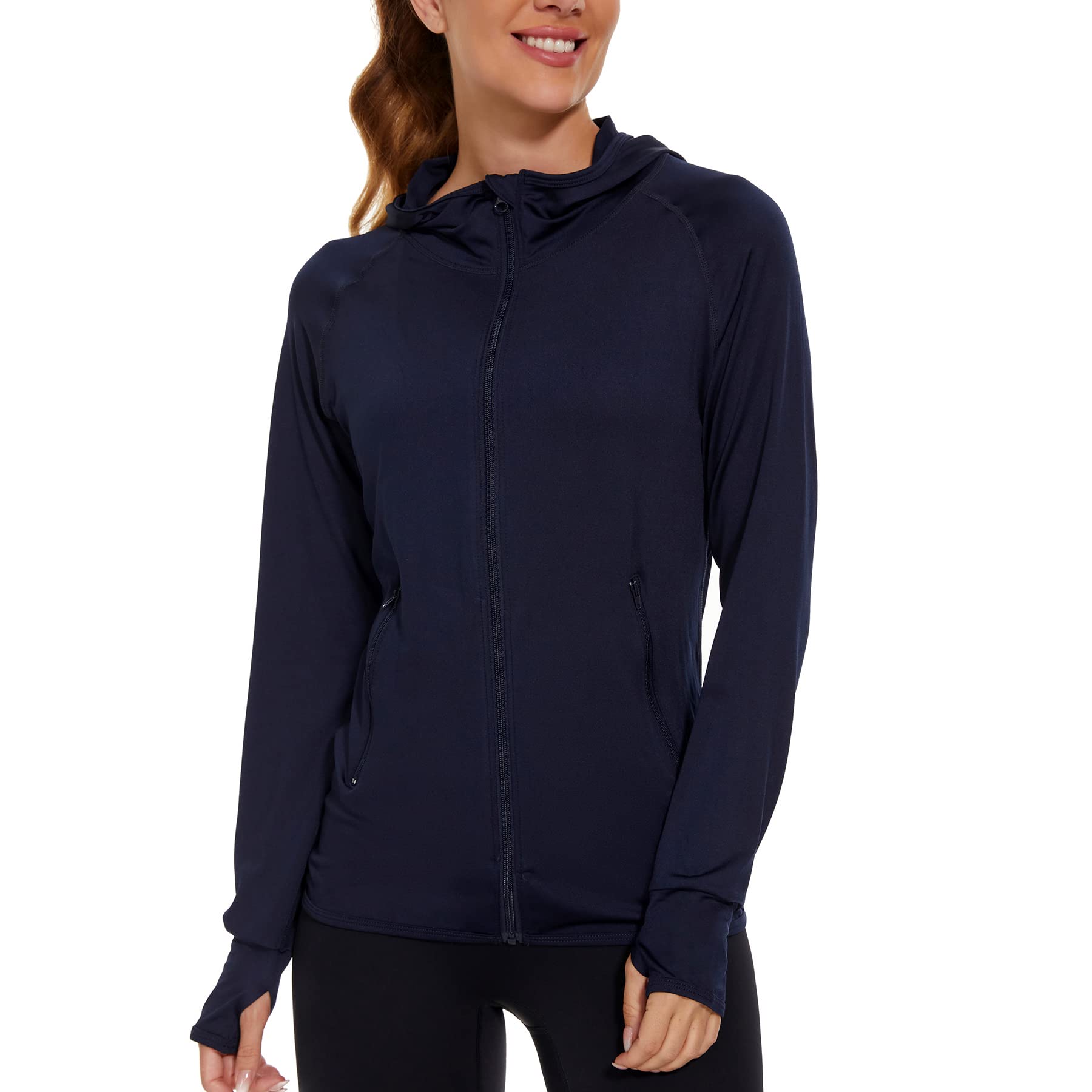 AMZSPORT Damen Laufjacke Sportjacke Langarm Trainingsjacke Sweatjacke für Yoga Fitness, Marineblau, S
