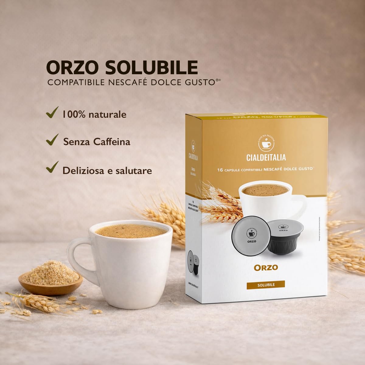 Cialdeitalia - Orzo Capsule Compatibili con macchine Nescafé Dolce Gusto, Bevanda Solubile d’Orzo Senza Caffeina dal Gusto Naturale, 192 Capsule