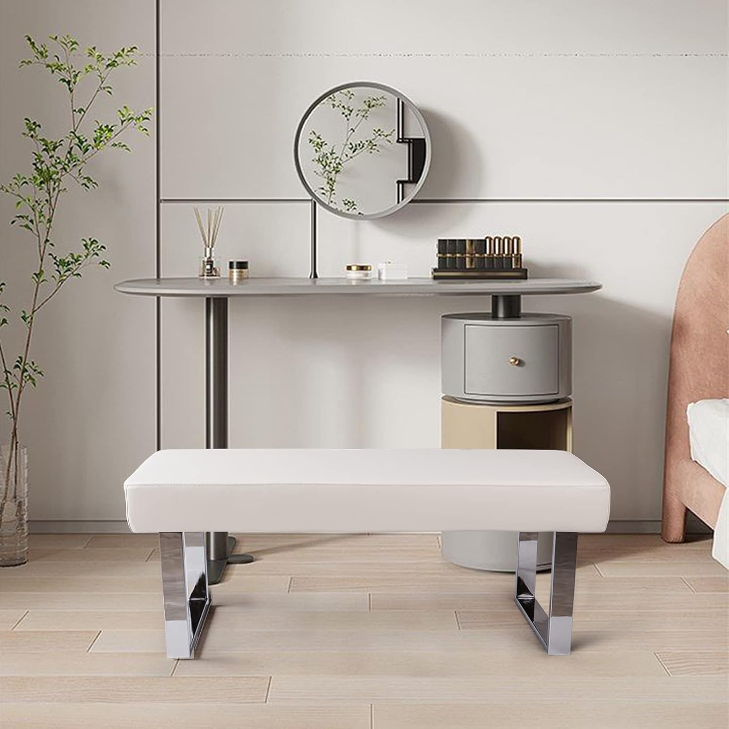 JIEXI Panca da pranzo moderna con imbottita, panca per camera da letto per angolo interno con gambe in metallo, panca in pelle PU per ingresso cucina soggiorno (140cm Bianco)
