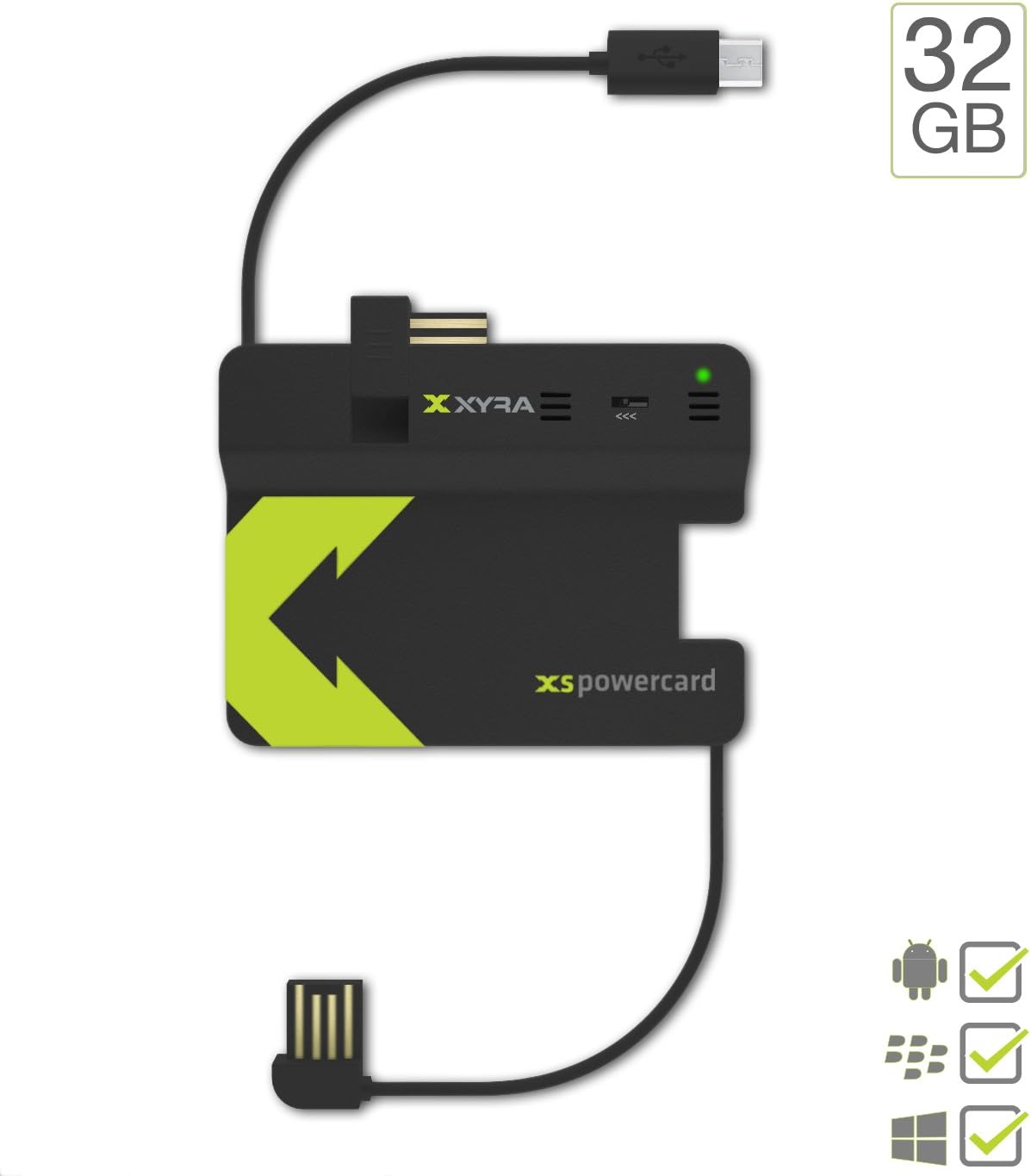 XYRA XS Power Card -32GB Micro USB Android Version -2200 mAh Portable Battery Charger with USB 2.0 Sync Cable and 32 GB Flash Data Storage Fits In Your Wallet (Black)