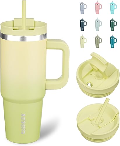 Miniatura 12 de BJPKPK Vaso de Acero Inoxidable de 30 oz con Asa, Vasos Térmicos Aislantes con 2 Pajitas, Taza de Café de Viaje con Tapa, Chicle Bubble gum,Verde