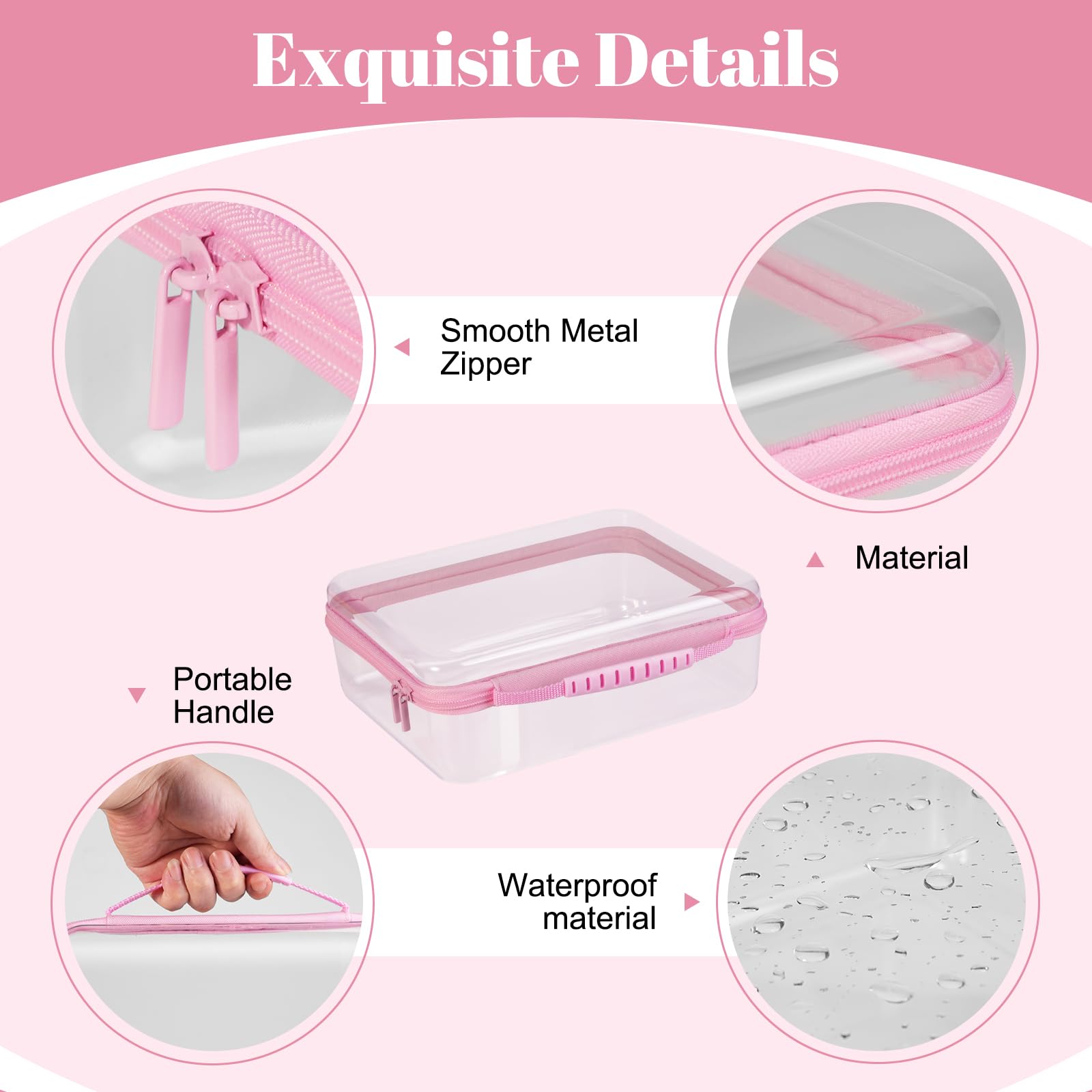 Transparente Hartschalenhülle mit Reißverschluss, Kunststoff, tragbar, wasserdicht, für Snacks, Spielzeug, Windeln, Reisen, Rosa, 3 Stück