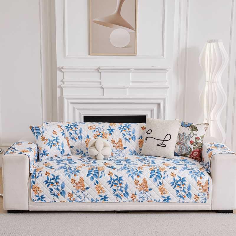 Image of HOMETHREADS Premium Style Anti Slip Sofa Cover Set | Cotton Sofa Slipcover | 1Pc Front Cover with Attached Armrest + 1Pc Back Cover (Leave Blue Flower, 1 Seater | 63x185cm)