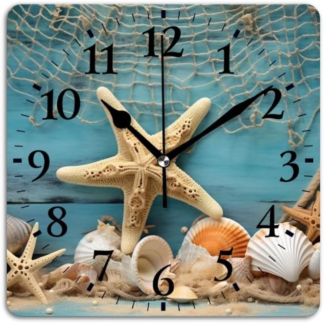 Quartz Wall Clocks Non-Ticking Silent Battery Operated Modern Wall Clocks Decorative for Home,Bedroom-Starfish, and Fishing Nets On Blue Wooden Background(16inch)