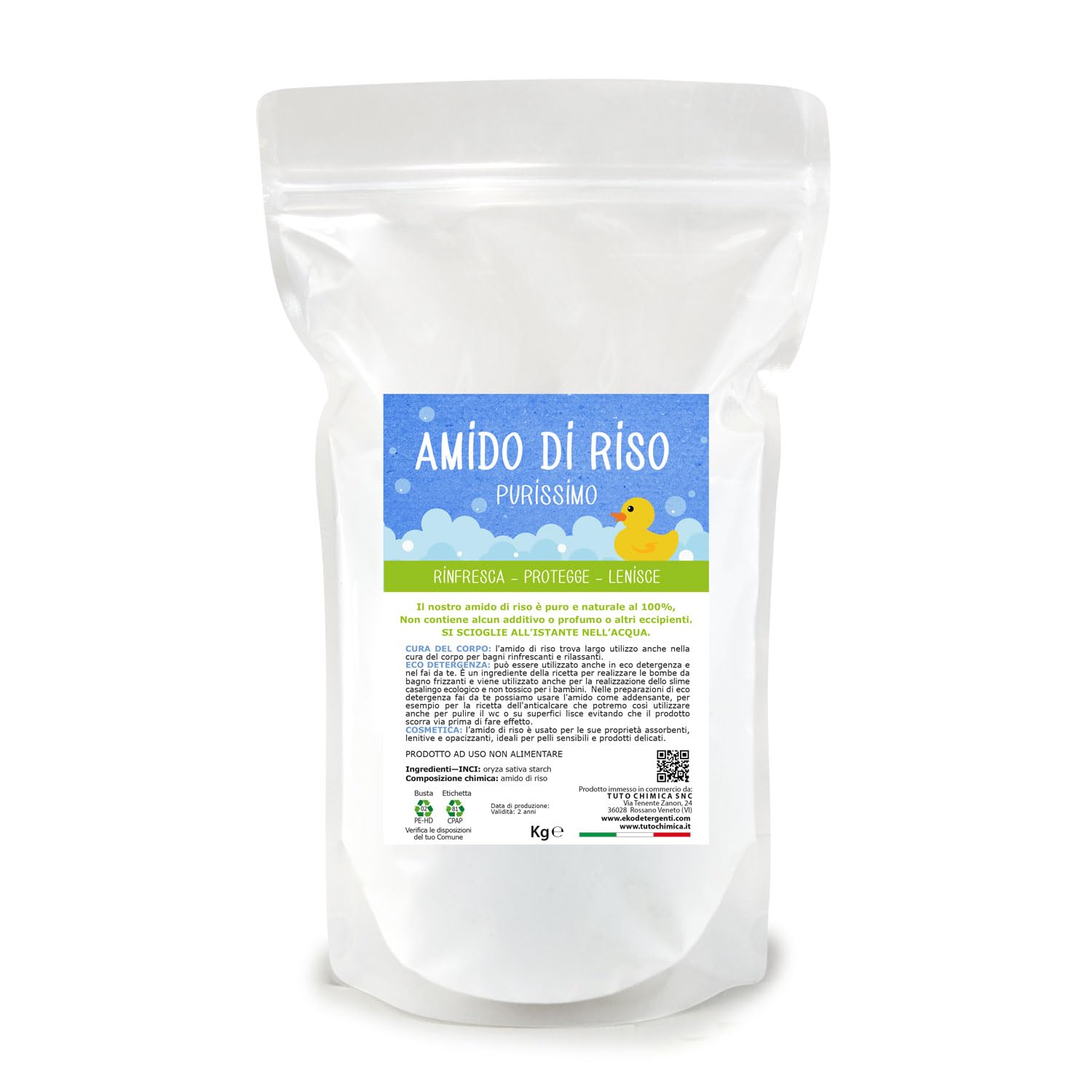 Amido di riso 1 Kg, Purissimo - Uso esterno, Azione Lenitiva e Rinfrescante - Senza Profumo