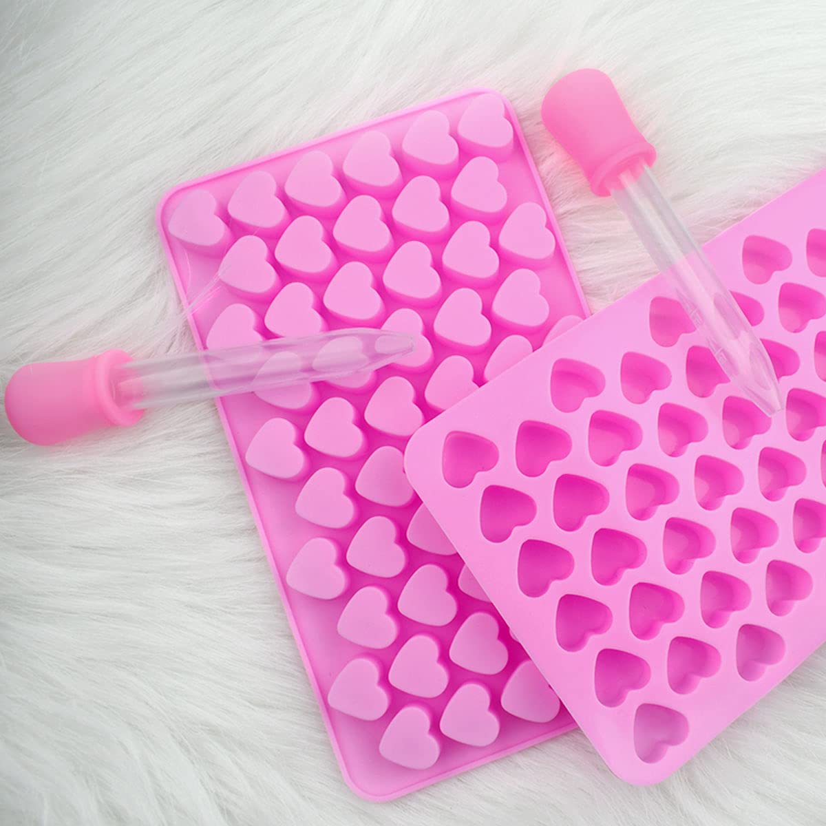 Paquete de 2 mini moldes de silicona con 2 cuentagotas, molde de corazón para cubitos de hielo, mini moldes en forma de corazones para hornear, moldes de silicona para chocolate, gomitas, caramelos 5