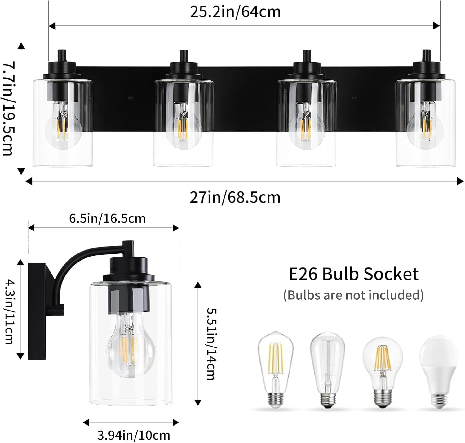 Bathroom Light Fixtures, 4-Light Bathroom Vanity Light with Clear Glass Shades, Matte Black Vanity Lights, Vintage Wall Sconces for Bedroom Living Room Hallway