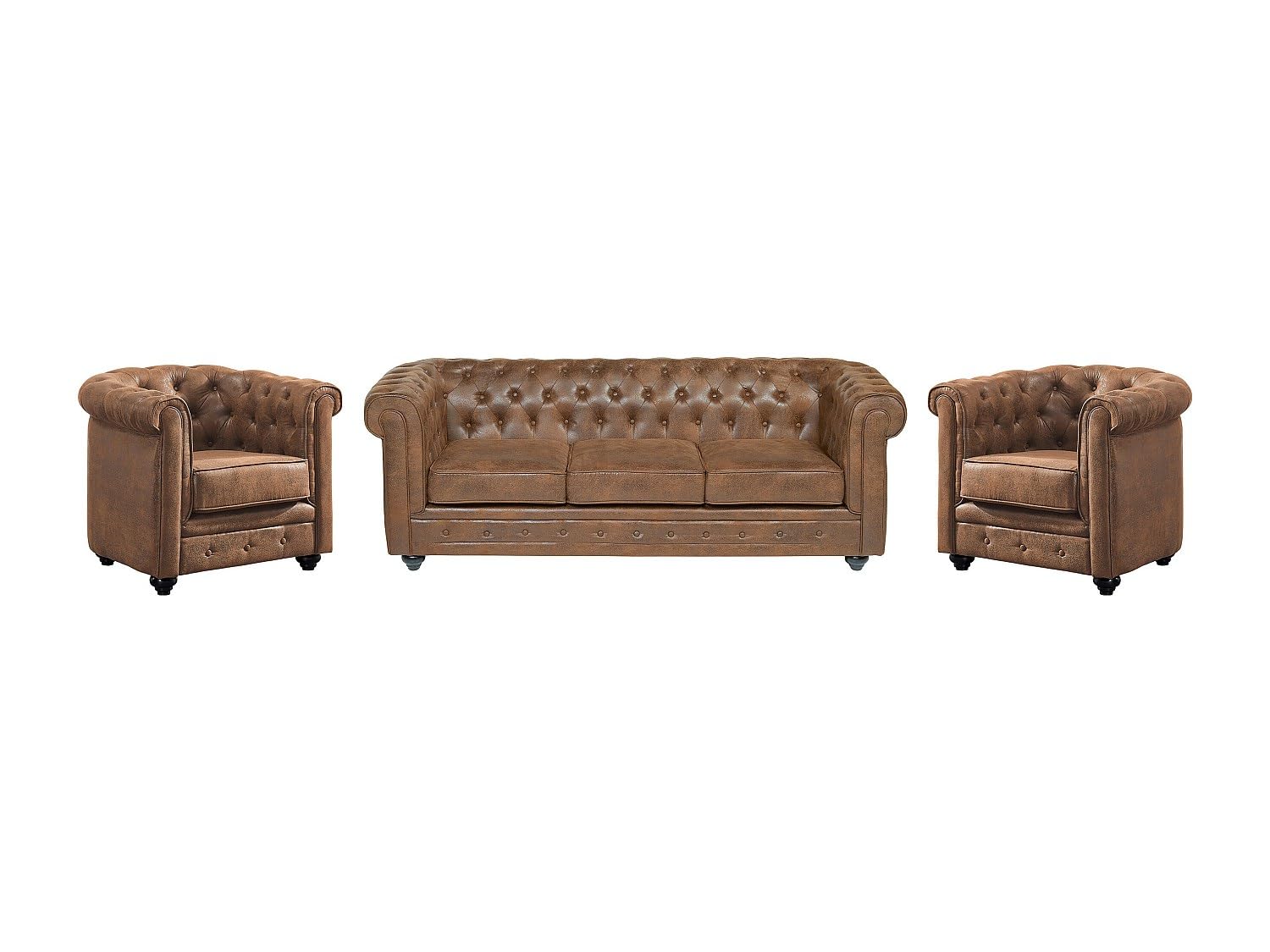 Vente-unique Sofá de 3 plazas y 2 sillones Chesterfield de Microfibra, Aspecto de Piel Envejecida