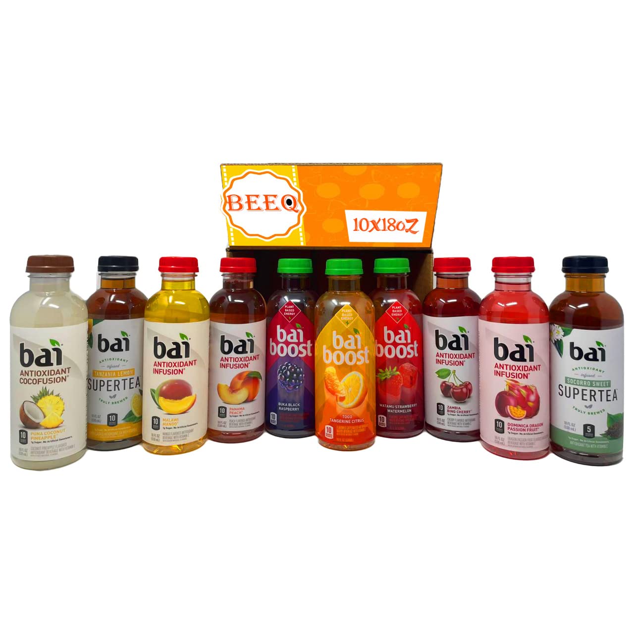BEEQ Bai Flavored Water Assortment, 10 Different Flavors, Antioxidant Infused Drinks, 18 Fluid Ounce Bottles, 10 Count : Grocery & Gourmet Food