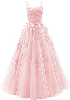 Tulle Lace Appliques Prom Dresses Long Ball Gown for Women Spaghetti Straps Corset Backless Evening Dress - Buy now