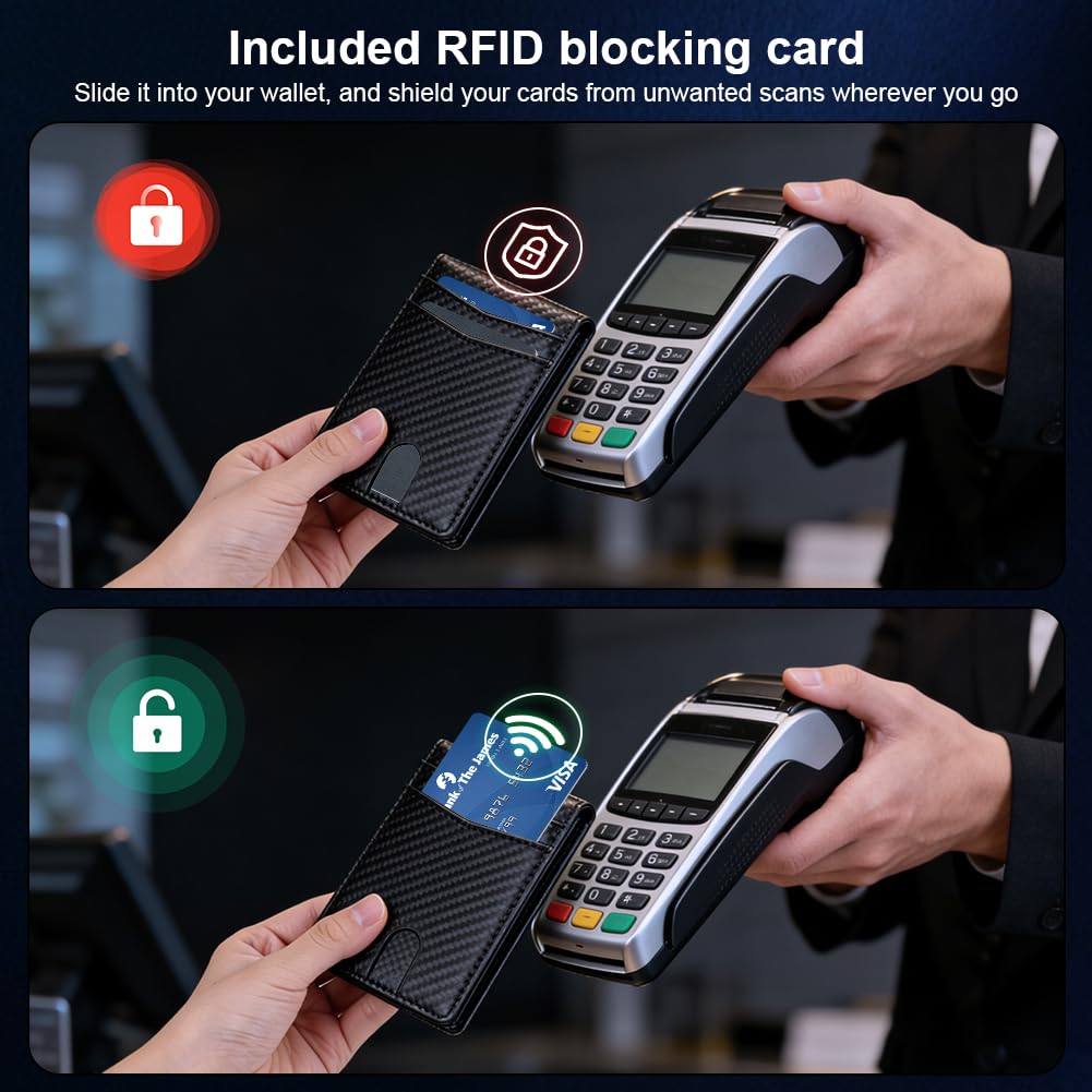 Smukły portfel dla mężczyzn, blokujący portfel z kartą RFID, minimalistyczny uchwyt na karty kredytowe, minimalistyczne portfele, klips na pieniądze i okienko na dowód osobisty z pudełkiem