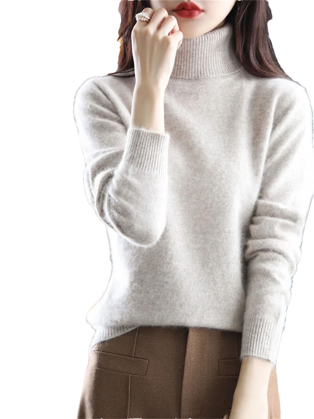 Damski sweter z golfem w jednolitym kolorze, wąski, miękki, ciepły, długi rękaw, Jasnobrązowy szary, XL