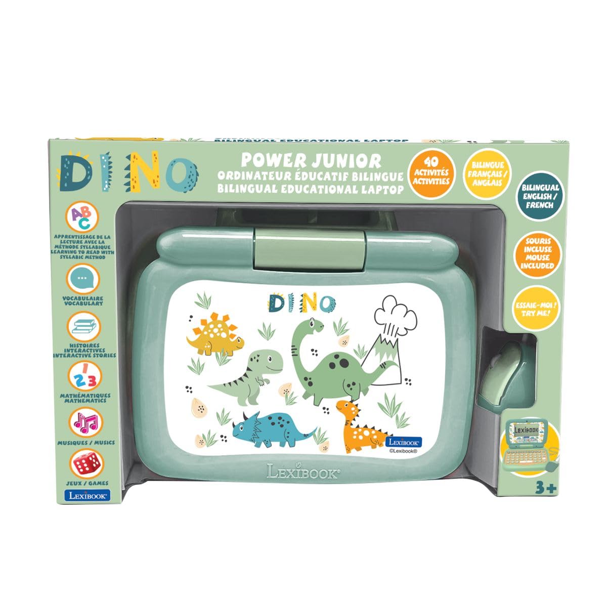 Lexibook, Computer portatile educativo bilingue Inglese/Francese Dinosauro, 40 attività educative, JC398DINOi1LXB