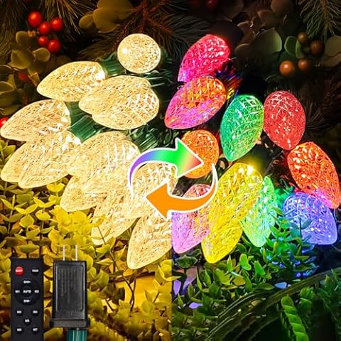 kolpop C9 LED Christmas Lights Outdoor, 84FT 50LED String Lights with Remote Control & Timer, 8 Modes Waterproof Large Bulb Strawberry String Lights for Tree House Roof Party Decor (Warm & Multicolor) Cover
