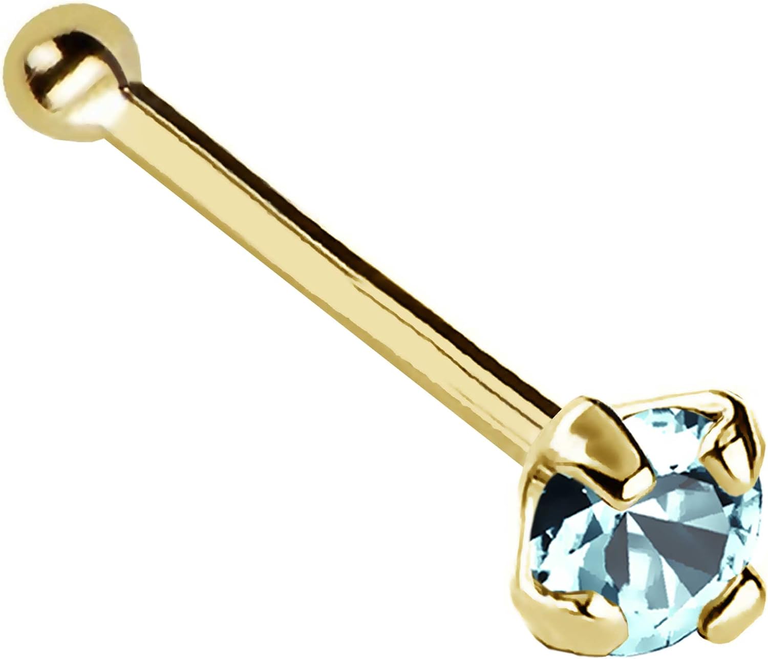 22G Solid 14Kt Gold Nose Bone Stud with Prong Set real Aquamarine Gemstone, 14kt Yellow Gold or 14kt White Gold - March Birthstone Nose Ring