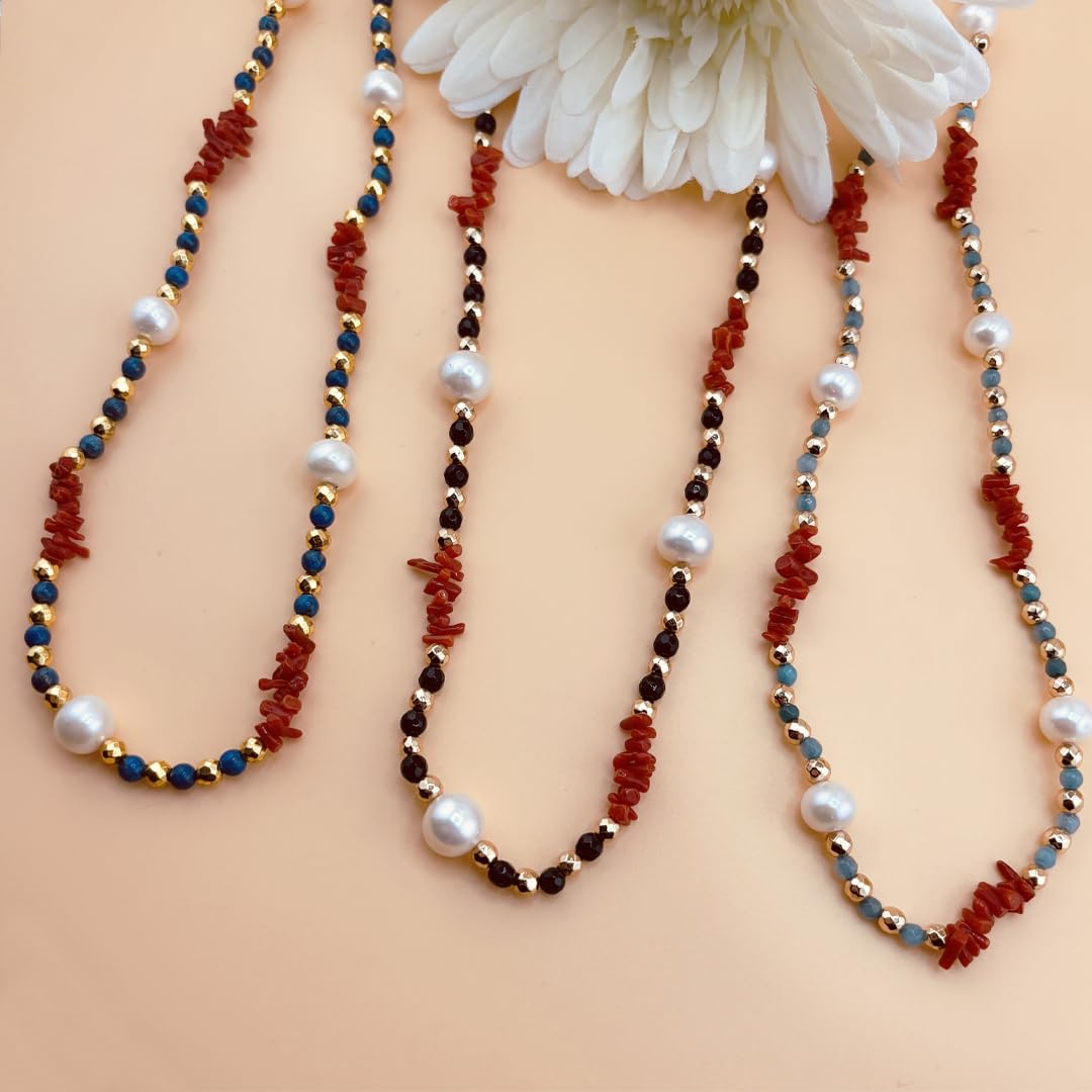 Generico Collana lunga 80 cm sfere in onice nero cupolini in corallo rosso naturale del Mediterraneo ematite e perla naturali di acqua dolce gioiello artigianale da donna ragazza