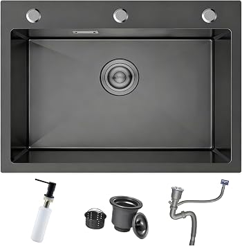 Black Kitchen Sink, 60 x 45 cm Drop in Topmount Stainless Steel Sink, Deep Outdoor Single Bowl with 3 Tap Holes Soap Dispenser and Siphon, for Small Kitchen, Bar, Restaurant