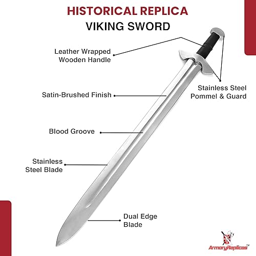 Miniatura 3 de Armory Replicas Espada vikinga  Espada larga de la era vikinga tardía de 37.6 pulgadas con hoja de acero inoxidable cepillado satinado, protector y
