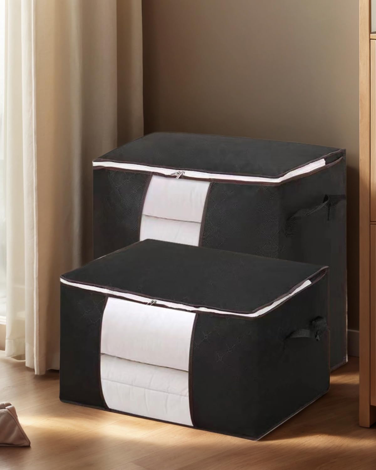 Bolsa de armazenamento não tecida, organizador de roupas dobrável com zíper e alças reforçadas, armazenamento que economiza espaço para cobertores/roupas sazonais, preto Bolsa de armazenamento não tecida, organizador de roupas dobrável com zíper e alças reforçadas, armazenamento que economiza espaço para cobertores/roupas sazonais, preto
