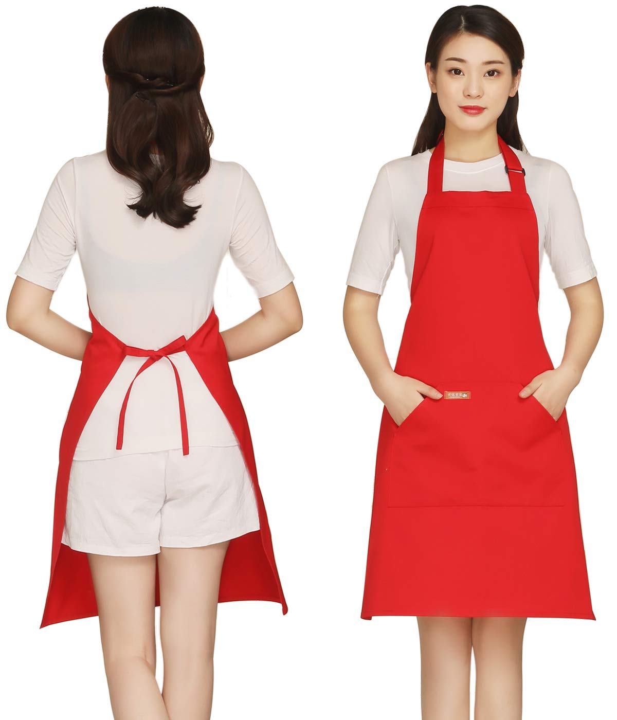 Cotton Baking Aprons with Pockets - Cotton Canvas, Adjustable Shoulder Strap, Waist Ties, Slightly Waterproof, for Ladies, Male, Waitress, Arts, Kitchen Cooking, Baking, Grilling, Painting(Red)
