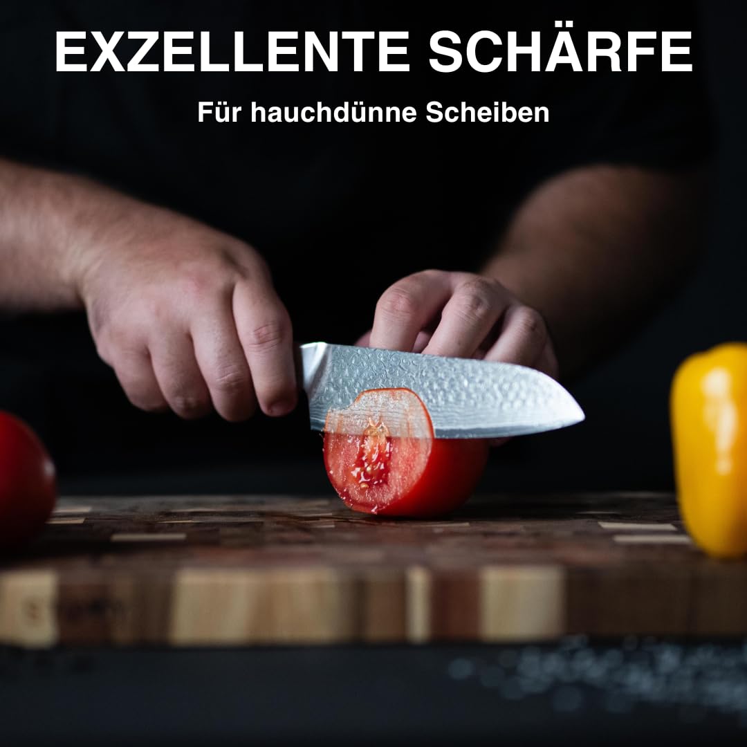 Santoku Damastmesser 18cm,Profi Kochmesser aus 67 Lagen VG10 Stahl | Handgeschmiedete Klinge, Echte Damastmusterung, G-10 Griff, Japanisches Kochmesser Extrem Scharf, Test "SEHR GUT"