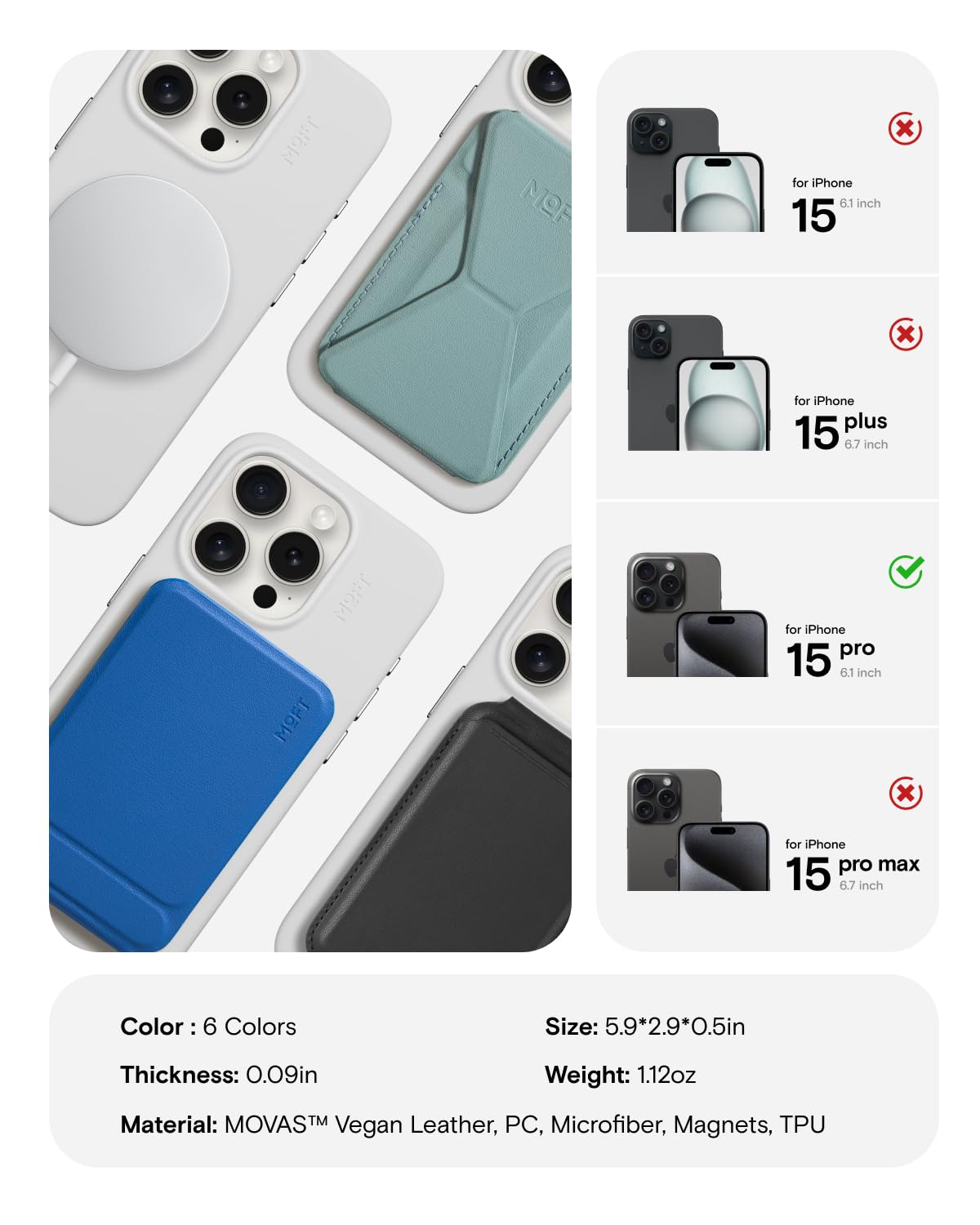 MOFT Funda Magnética para iPhone 15 ProCompatible con MagSafe, MOVAS Funda para Teléfono de Cuero Vegano, Sensación Táctil, Resistente a Arañazos y Manchas, Fácil de Limpiar, Gris Niebla