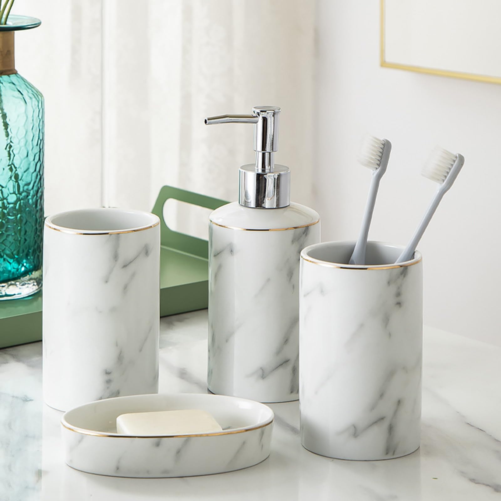 Set dispenser di sapone in ceramica, accessori da bagno con portaspazzolino, portasapone, tazza per spazzolino da denti, per appartamenti e hotel